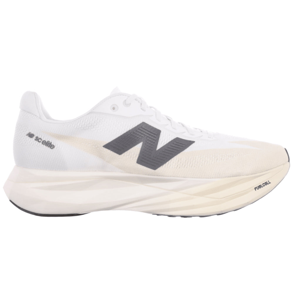 Side view on white background of Mens New Balance FuelCell SuperComp running shoe in Linen/Sea Salt/Shipyard, Medium (Regular) width