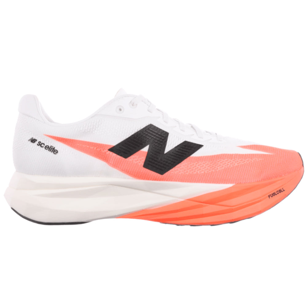 Side view on white background of Mens New Balance FuelCell SuperComp running shoe in Urgent Red/White/Black, Wide width