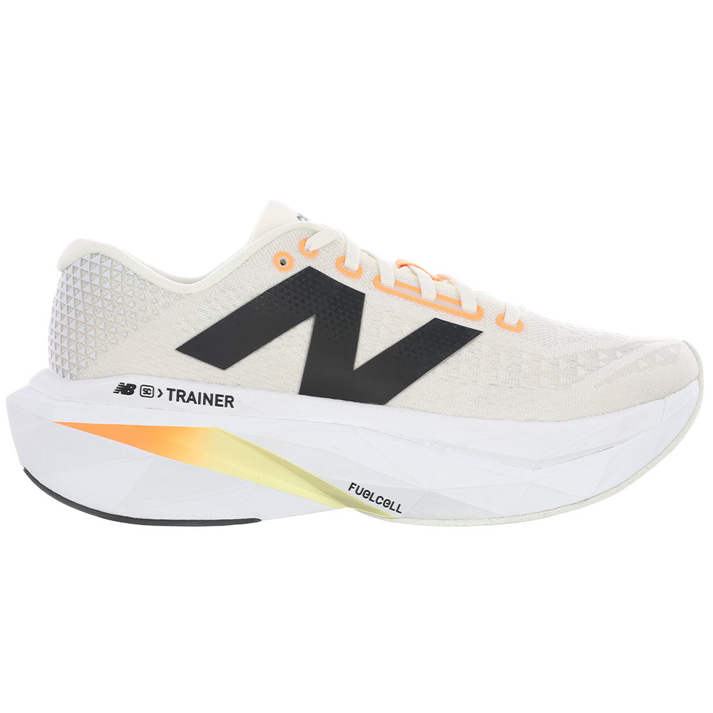 Side view on white background of Mens New Balance FuelCell SuperComp running shoe in Angora/Hot Mango/Black, Medium (Regular) width