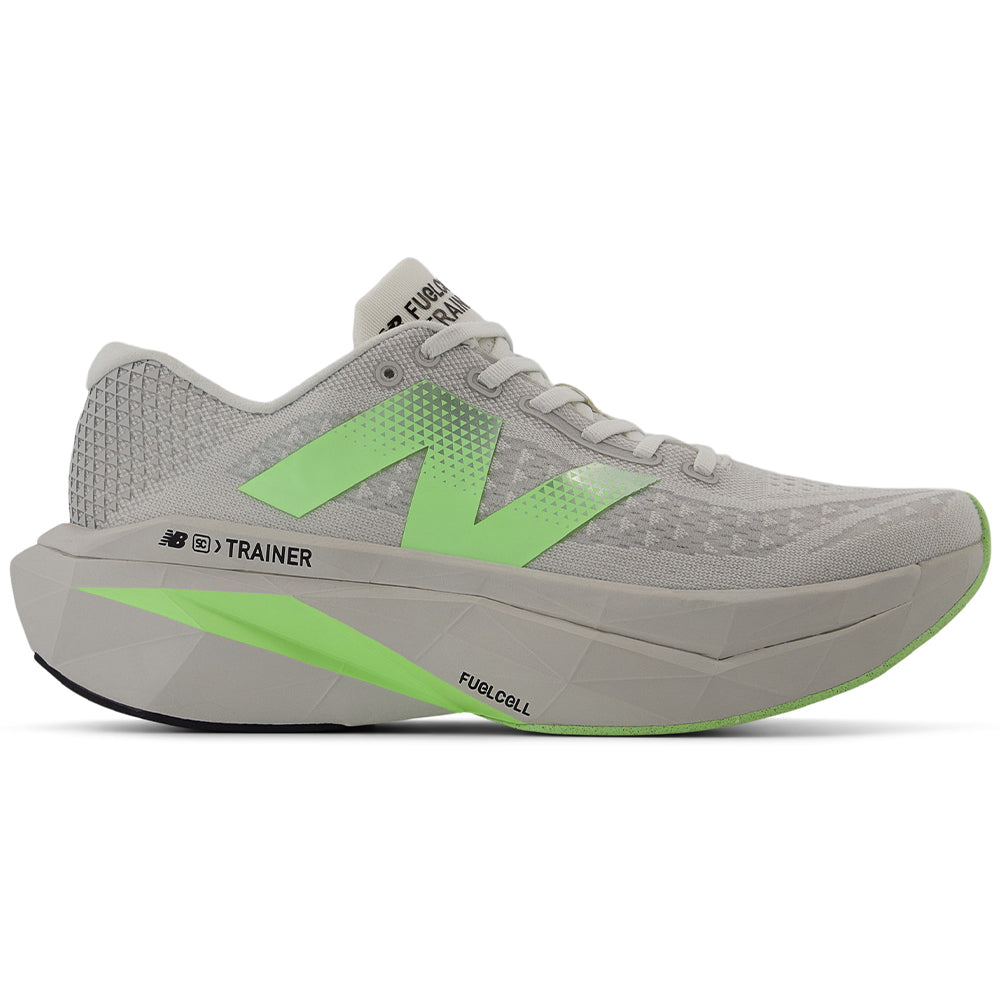 Side view on white background of Mens New Balance FuelCell SuperComp running shoe in Grey Matter/Mint Flash/Silver Metallic, Wide width