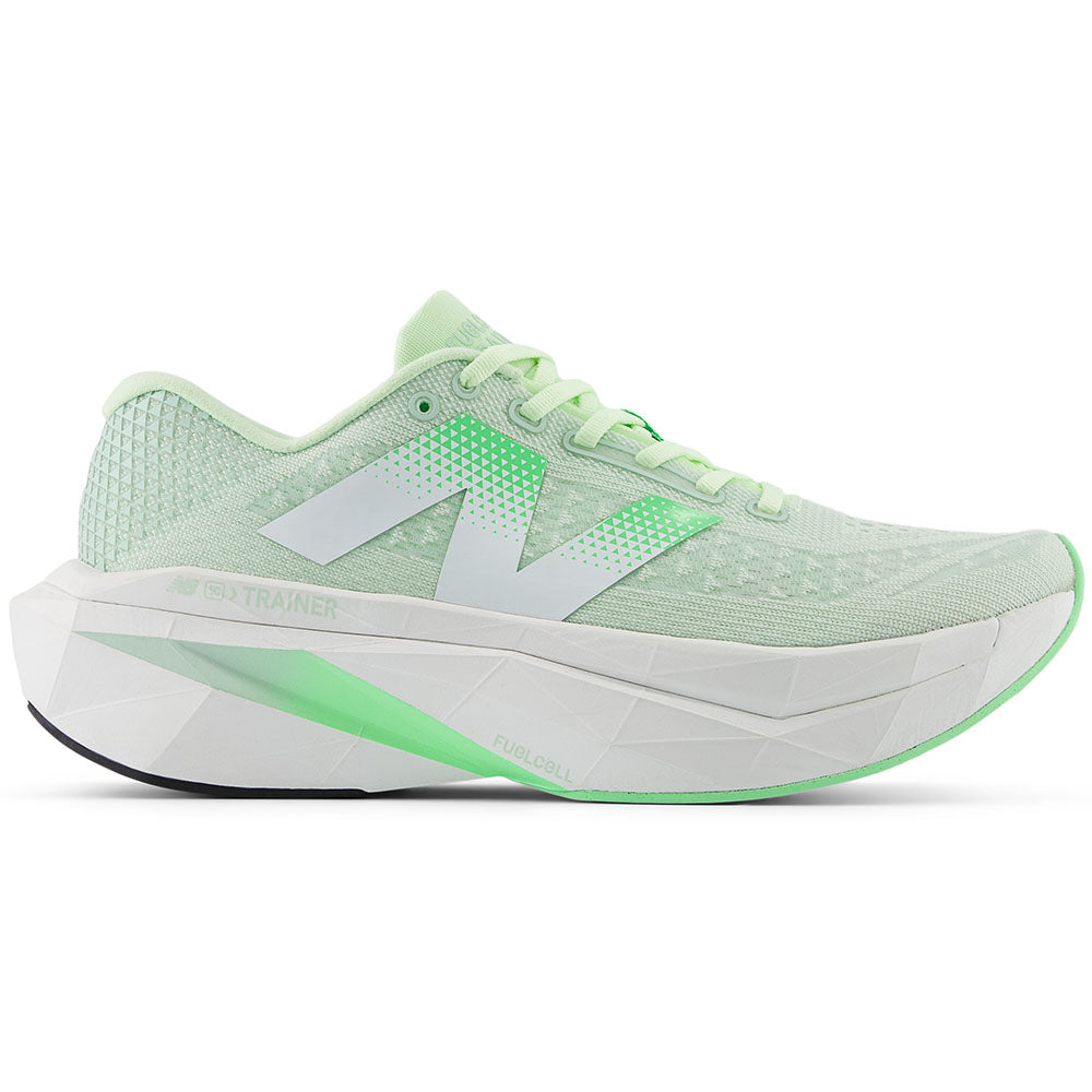Side view on white background of Mens New Balance FuelCell SuperComp running shoe in Melon Water/Clay Ash/White, Medium (Regular) width