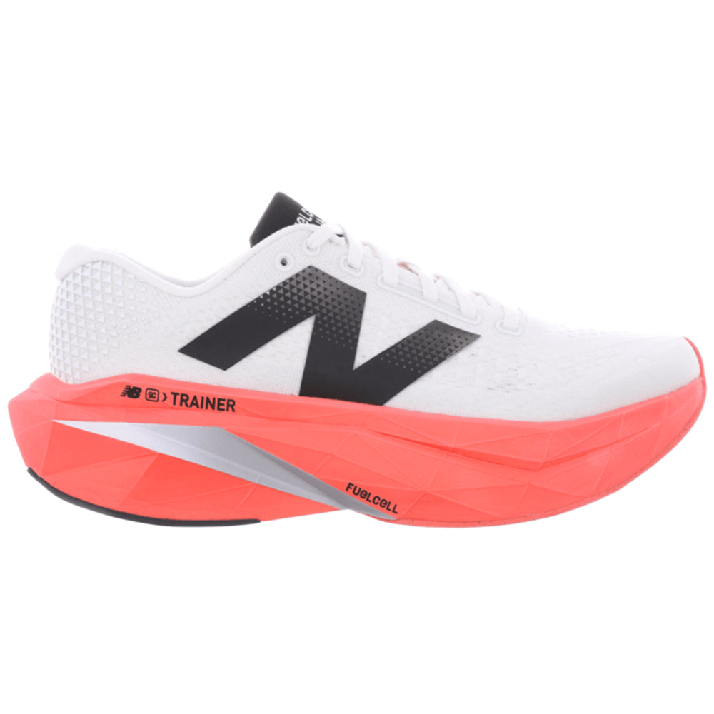 Side view on white background of Mens New Balance FuelCell SuperComp running shoe in Urgent Red/Sea Salt/Black, Medium (Regular) width