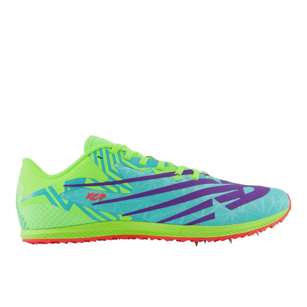 Side view on white background of Mens New Balance XC Seven running shoe in Pixel Green, Medium (Regular) width