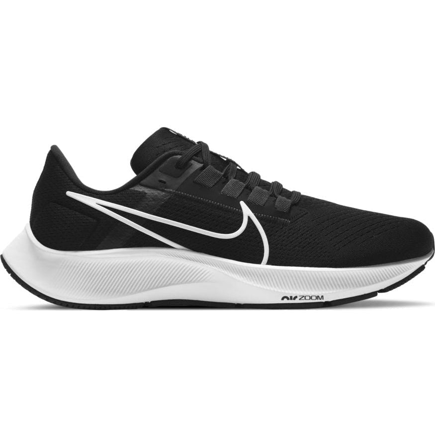 Side view on white background of Mens Nike Pegasus running shoe in Black/White-Anthracite-Volt, Medium (Regular) width