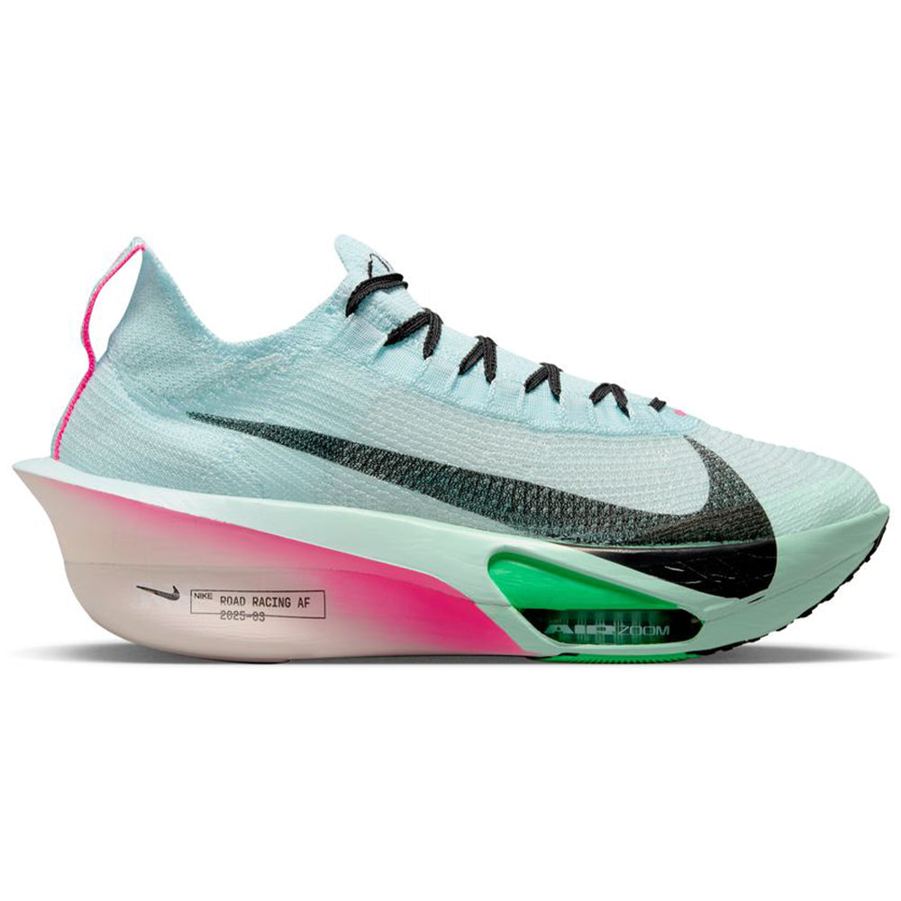 Side view on white background of Mens Nike Air Zoom Alphafly running shoe in Glacier Blue/Black/Mint Foam/Green Shock, Medium (Regular) width
