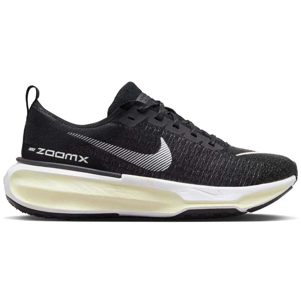 Side view on white background of Mens Nike Invincible running shoe in Black/White/Dark Grey/White, Medium (Regular) width