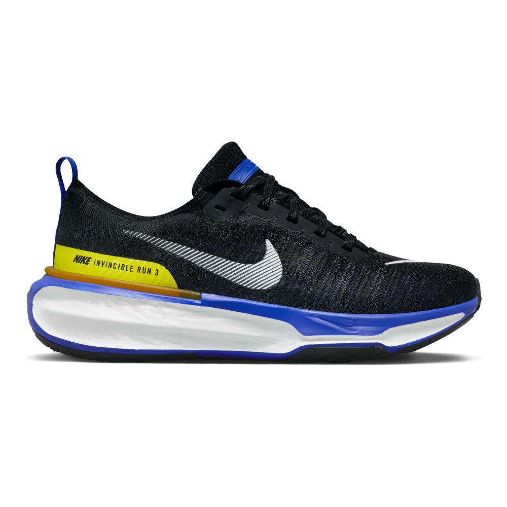 Side view on white background of Mens Nike Invincible running shoe in Black/White/Racer Blue/High Voltage, Medium (Regular) width