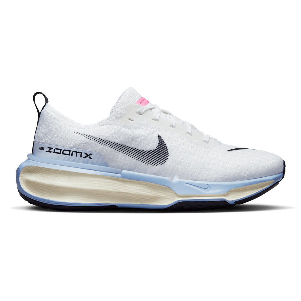 Side view on white background of Mens Nike Invincible running shoe in White/Black/Football Grey/Cobalt Bliss, Medium (Regular) width