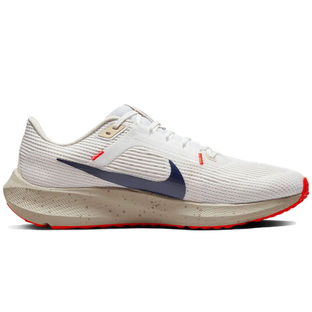 Side view on white background of Mens Nike Pegasus 40 running shoe in White/Obsidian-Lt Orewood Brn-Phantom, Wide width