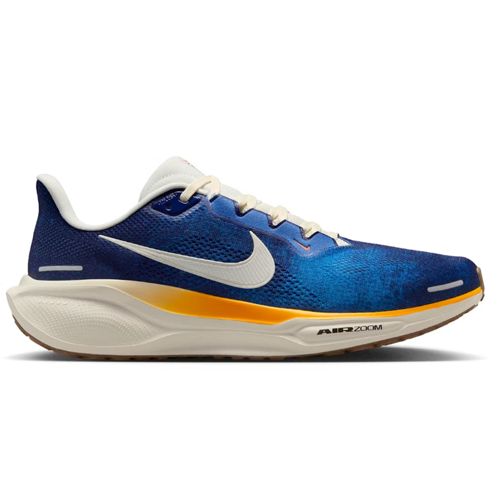 Side view on white background of Mens Nike Pegasus running shoe in Blue Void/Sail/Metallic Gold, Medium (Regular) width