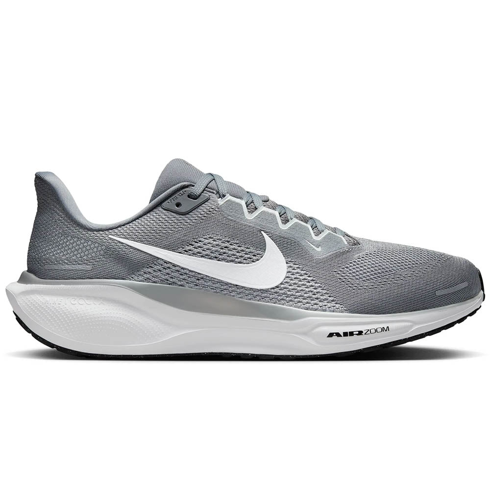 Side view on white background of Mens Nike Pegasus running shoe in Cool Grey/White/Wolf Grey/Pure Platinum, Medium (Regular) width