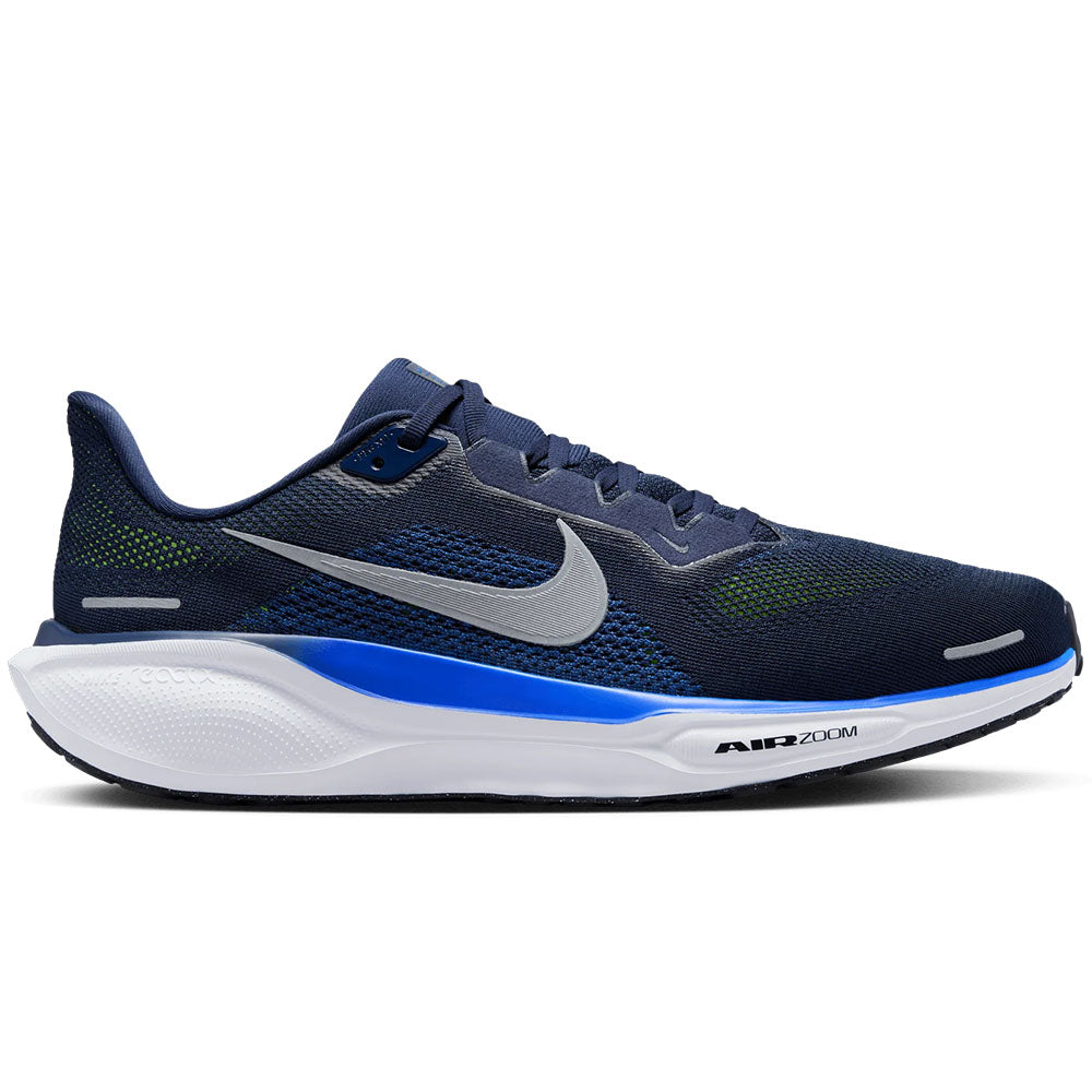 Side view on white background of Mens Nike Pegasus running shoe in Midnight Navy/Reflective Silver/Black/Volt, Medium (Regular) width