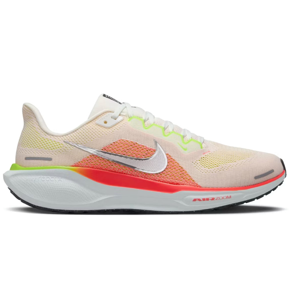 Side view on white background of Mens Nike Pegasus running shoe in Summit White/Chrome/Bright Crimson, Medium (Regular) width