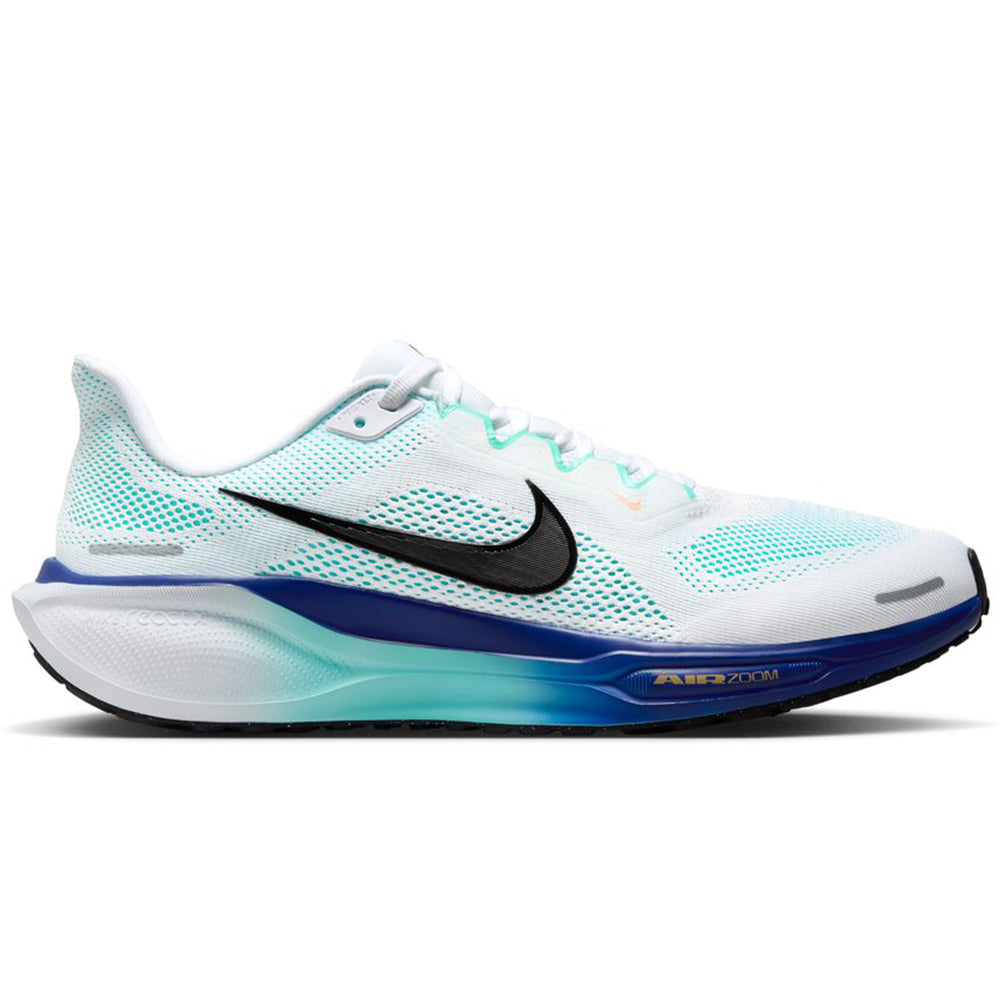 Side view on white background of Mens Nike Pegasus running shoe in White/Black/Hyper Turq/Concord, Medium (Regular) width