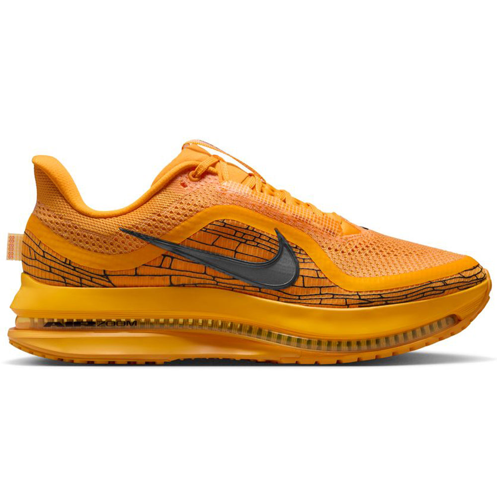 Side view on white background of Mens Nike Pegasus running shoe in University Gold/Black/Laser Orange, Medium (Regular) width