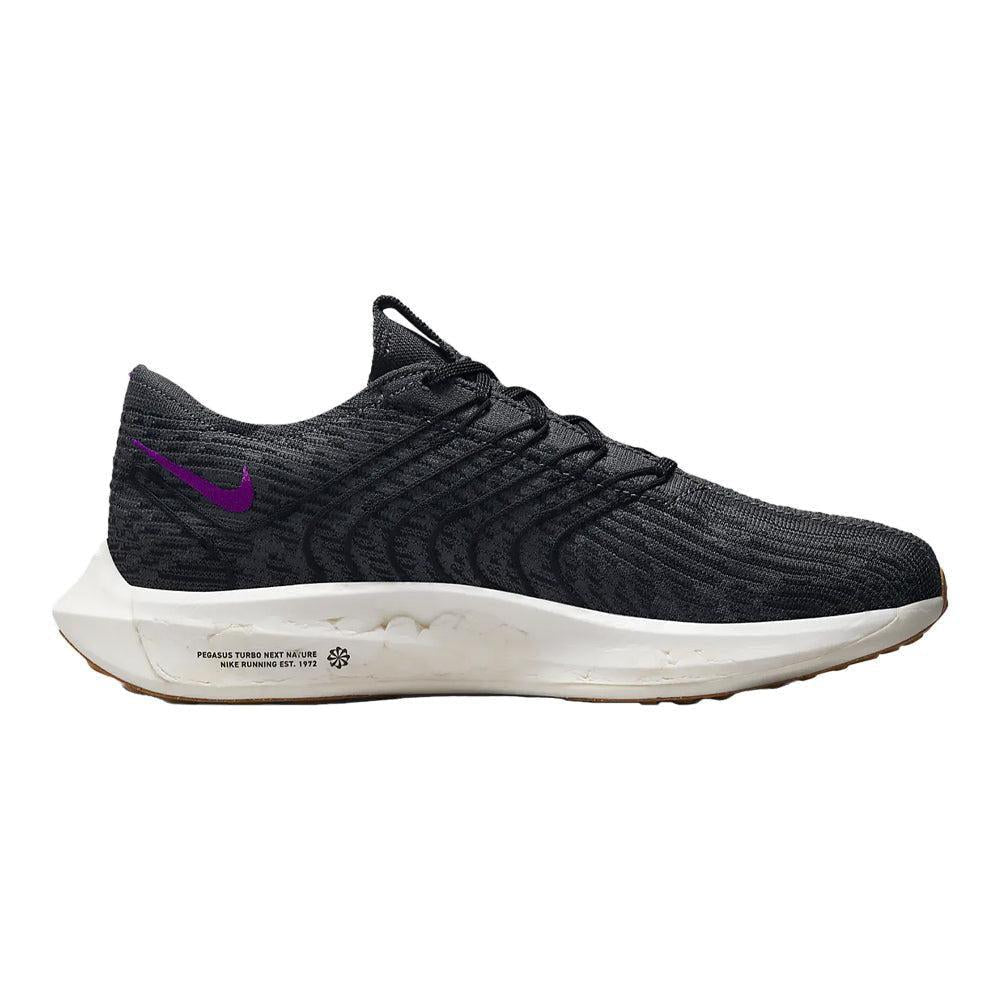 Side view on white background of Mens Nike Pegasus running shoe in Black/Vivid Purple-Anthracite, Medium (Regular) width