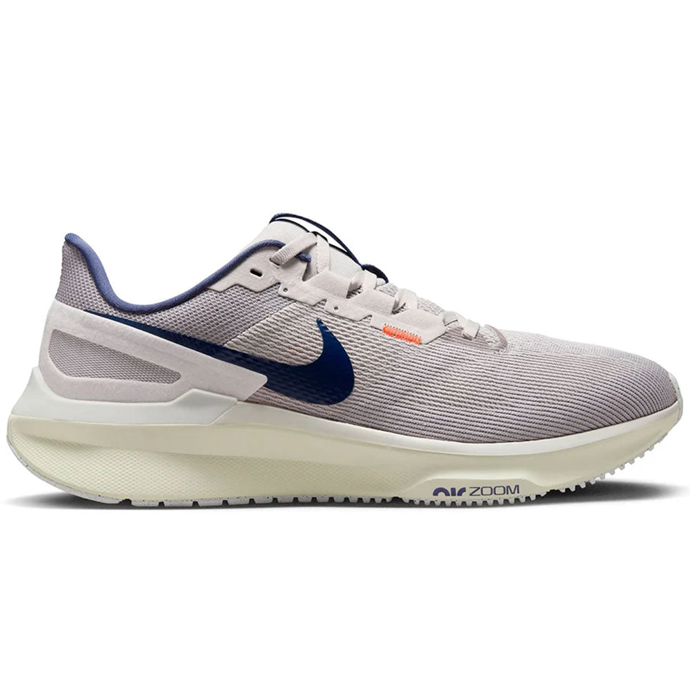 Side view on white background of Mens Nike Structure running shoe in Lt Iron Ore/Thunder Blue/Total Orange, Medium (Regular) width