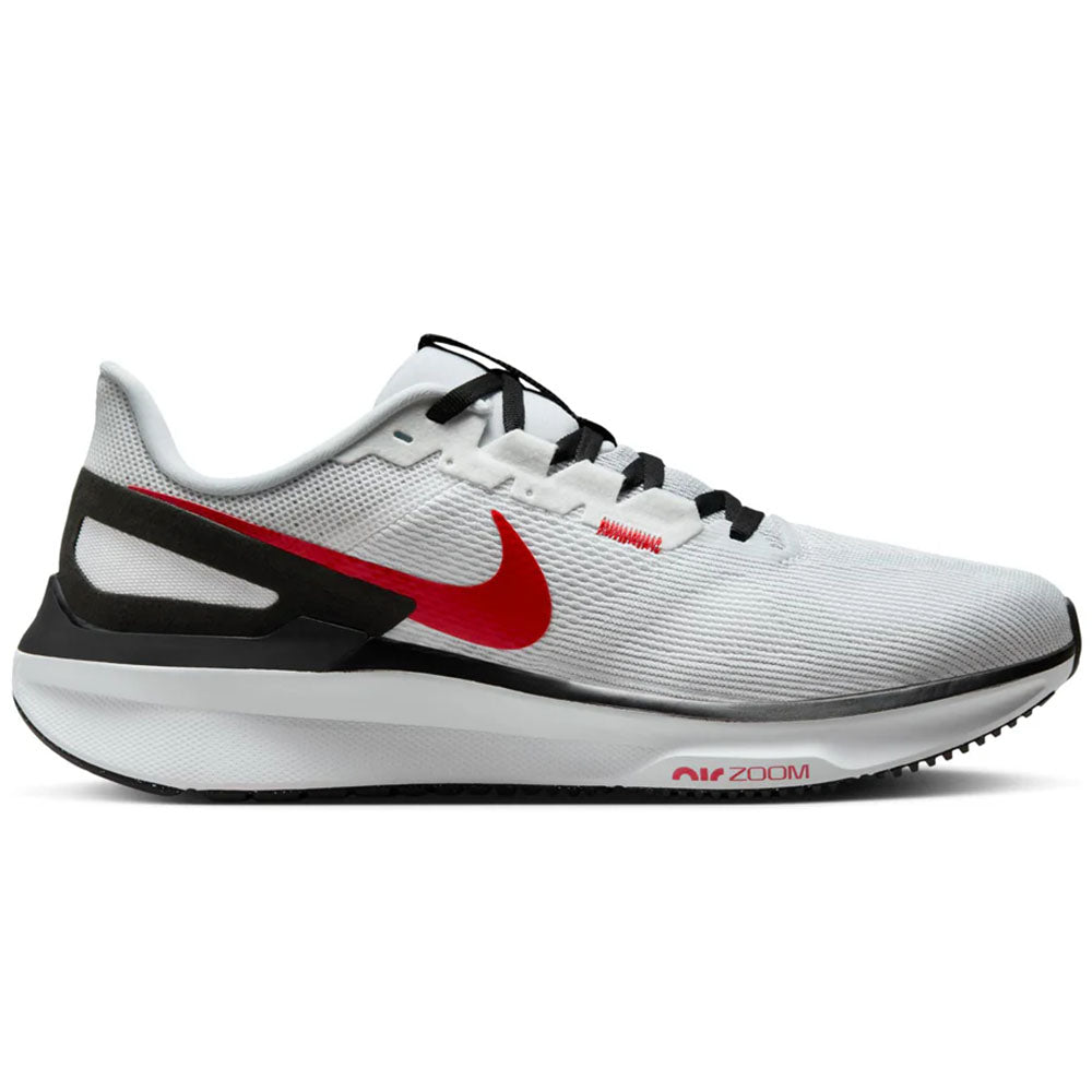 Side view on white background of Mens Nike Structure running shoe in White/Fire Red/Black/Lt Smoke Grey, Medium (Regular) width