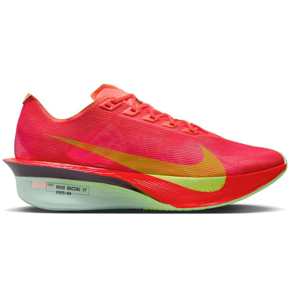 Side view on white background of Mens Nike ZoomX Vaporfly running shoe in Bright Crimson/Lime Blast/Mint Foam, Medium (Regular) width