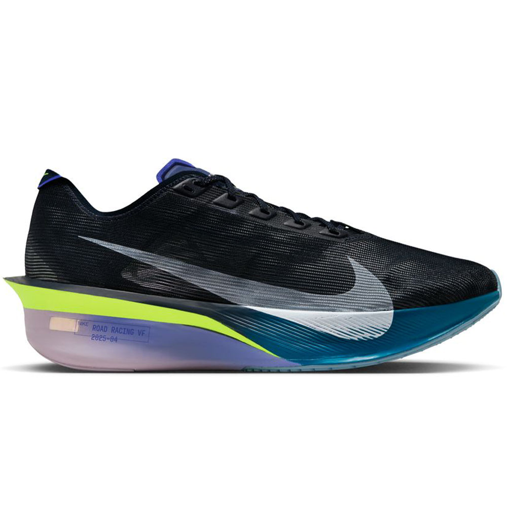 Side view on white background of Mens Nike ZoomX Vaporfly running shoe in Obsidian/White/Persian Violet, Medium (Regular) width
