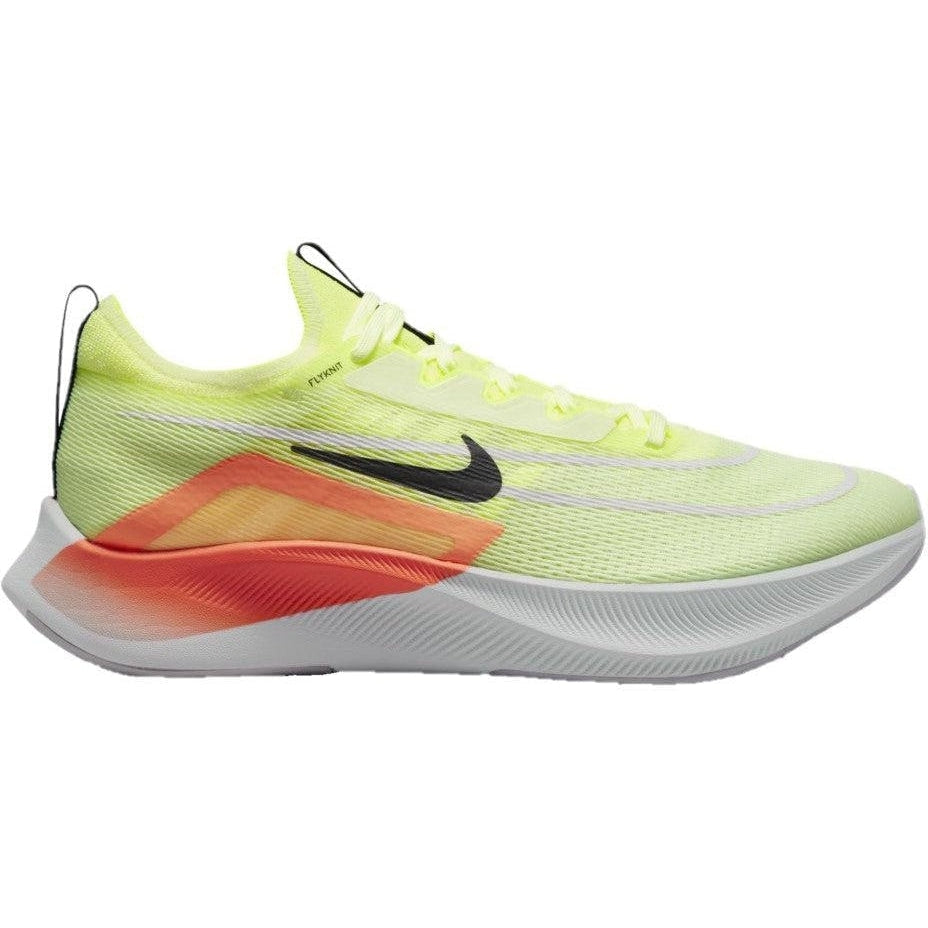 Side view on white background of Mens Nike Zoom Fly running shoe in Barely Volt/Black-Hyper Orange-Volt, Medium (Regular) width