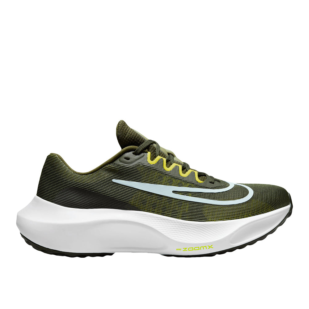 Side view on white background of Mens Nike Zoom Fly 5 running shoe in Cargo Khaki/Glacier Blue, Medium (Regular) width