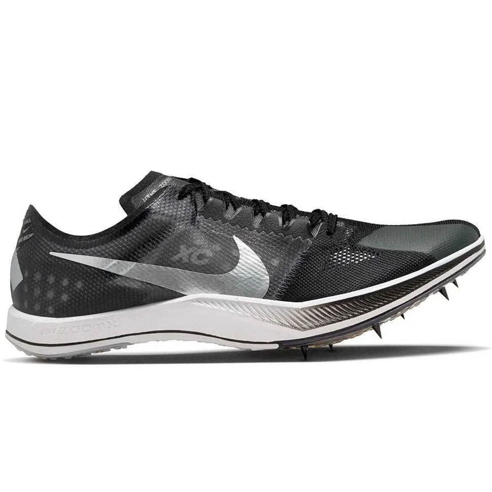 Side view on white background of Mens Nike ZoomX Dragonfly running shoe in Black/Metallic Silver-Dk Smoke Grey, Medium (Regular) width