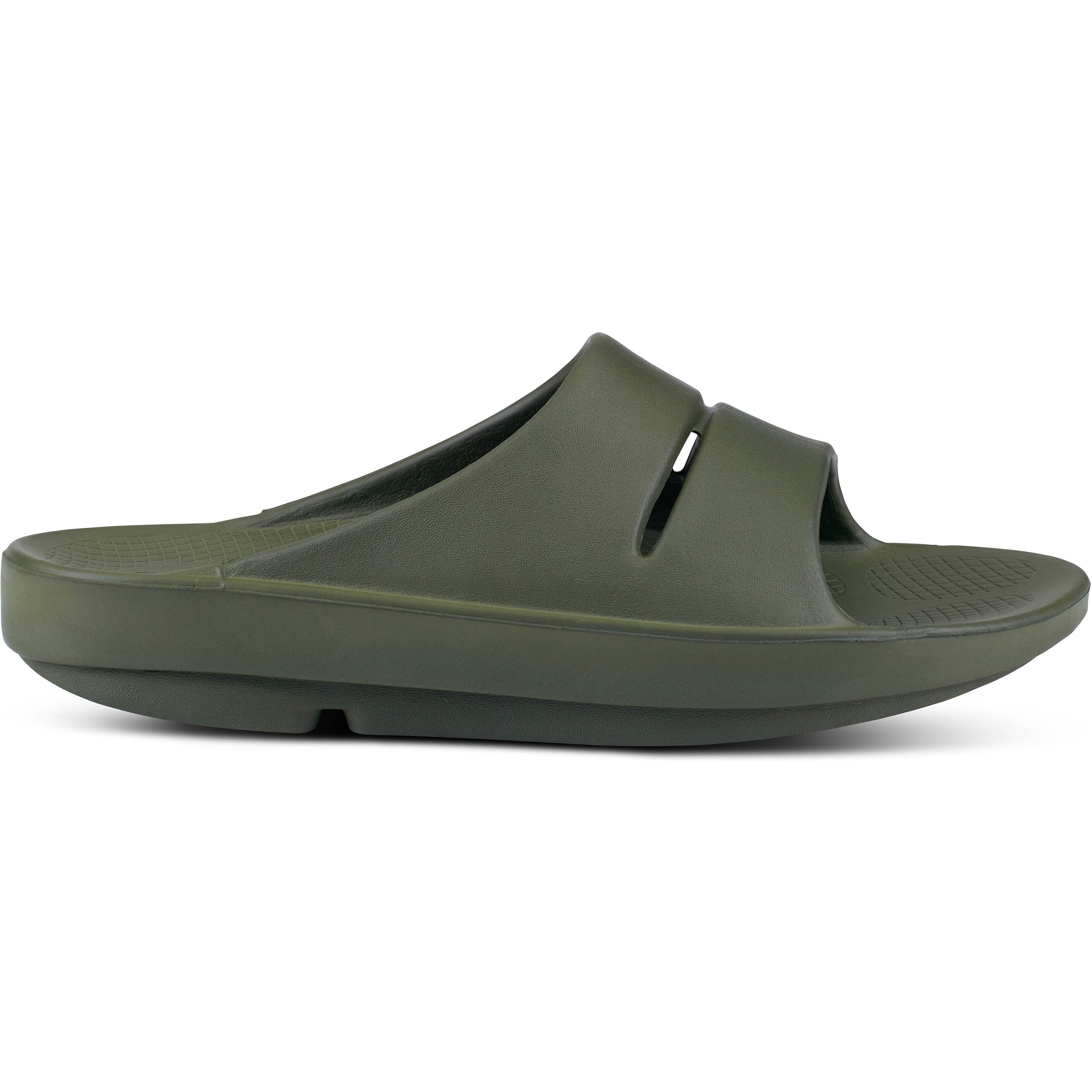 Side view on white background of Mens OOFOS OOahh running shoe in Forest Green, Medium (Regular) width