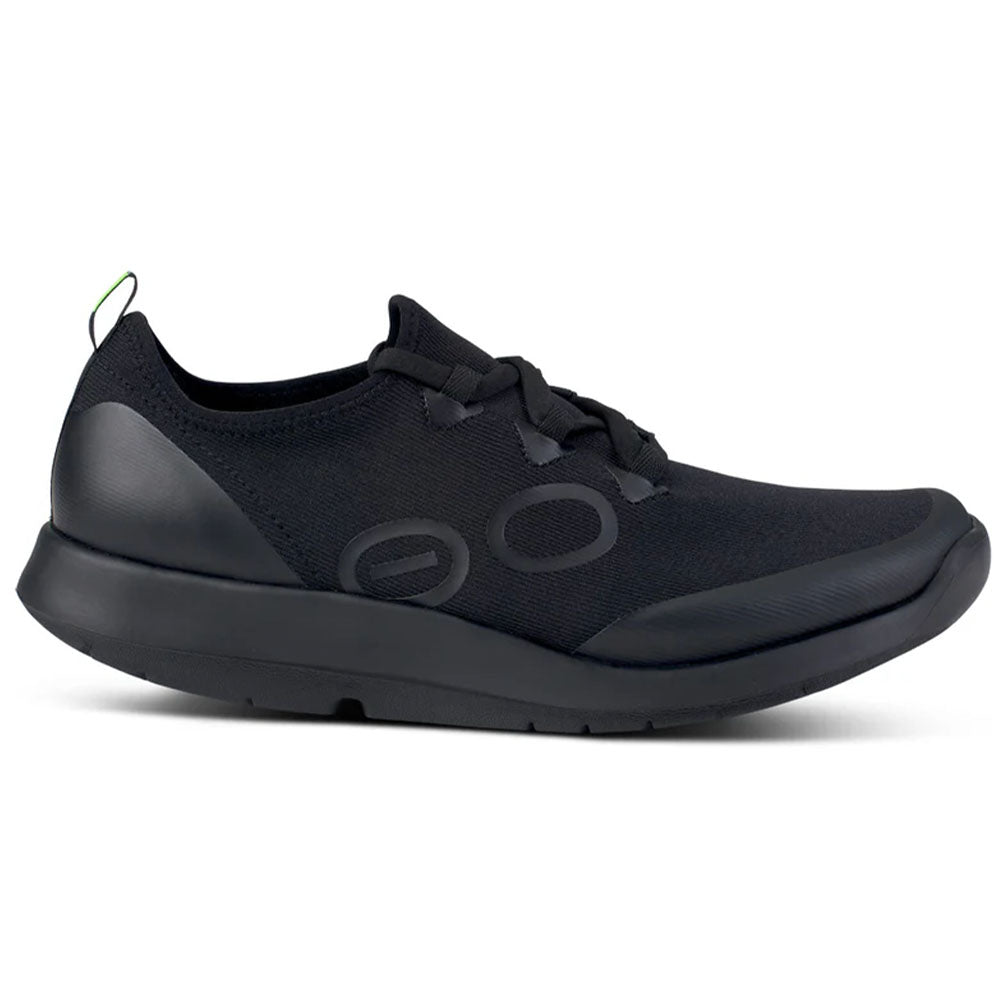 Side view on white background of Mens OOFOS Oomg running shoe in Black, Medium (Regular) width