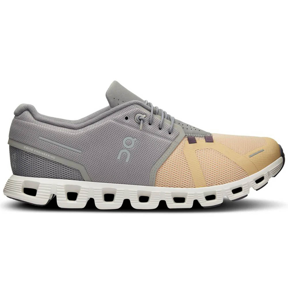 Side view on white background of Mens On Cloud running shoe in Fog/Savannah, Medium (Regular) width