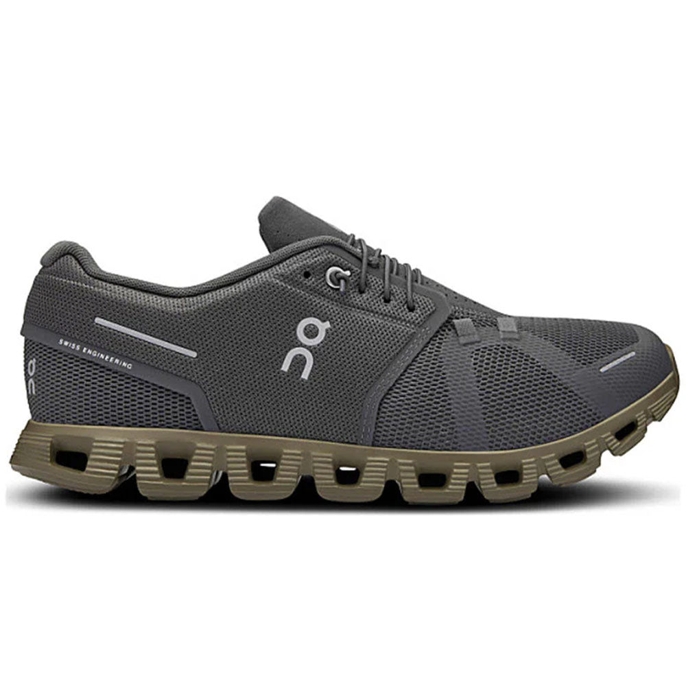 Side view on white background of Mens On Cloud 5 running shoe in Eclipse/Grove, Medium (Regular) width