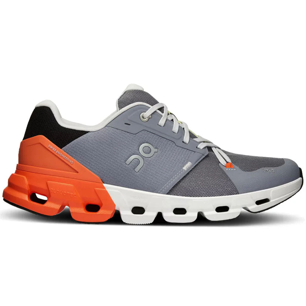 Side view on white background of Mens On Cloudflyer running shoe in Fossil/Flame, Medium (Regular) width