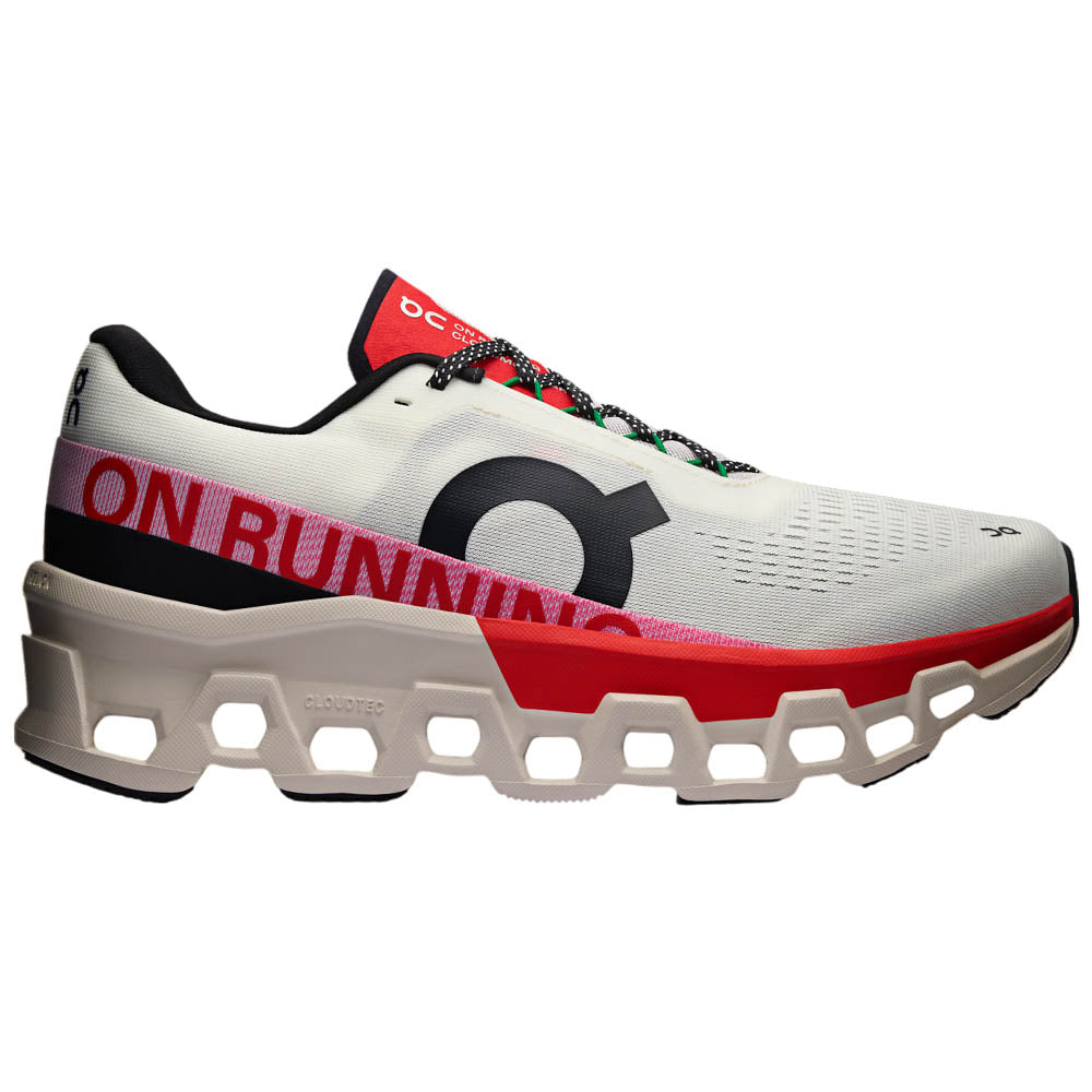 Side view on white background of Mens On Cloudmonster running shoe in Ivory/Silver, Medium (Regular) width