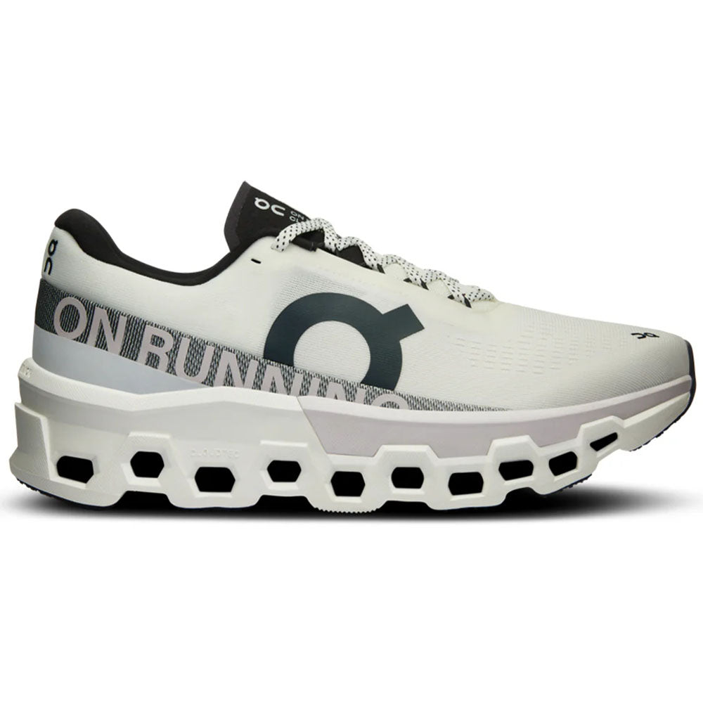 Side view on white background of Mens On Cloudmonster running shoe in Undyed/Frost, Medium (Regular) width