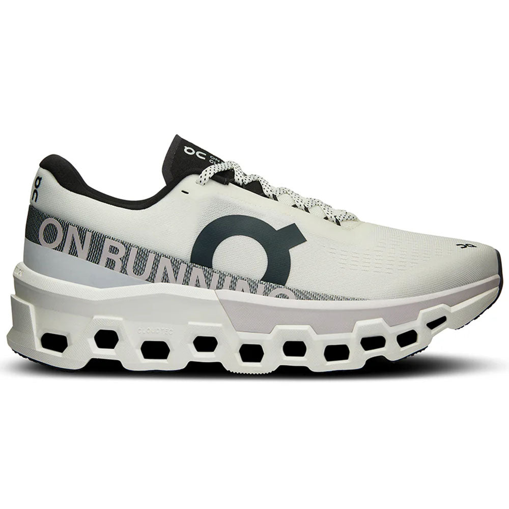 Side view on white background of Mens On Cloudmonster running shoe in White/Frost, Medium (Regular) width