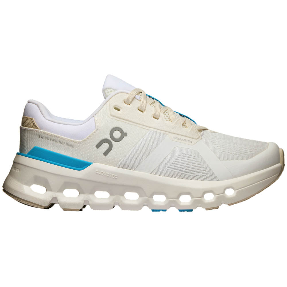 Side view on white background of Womens On Cloudrunner running shoe in White/Horizon, Medium (Regular) width