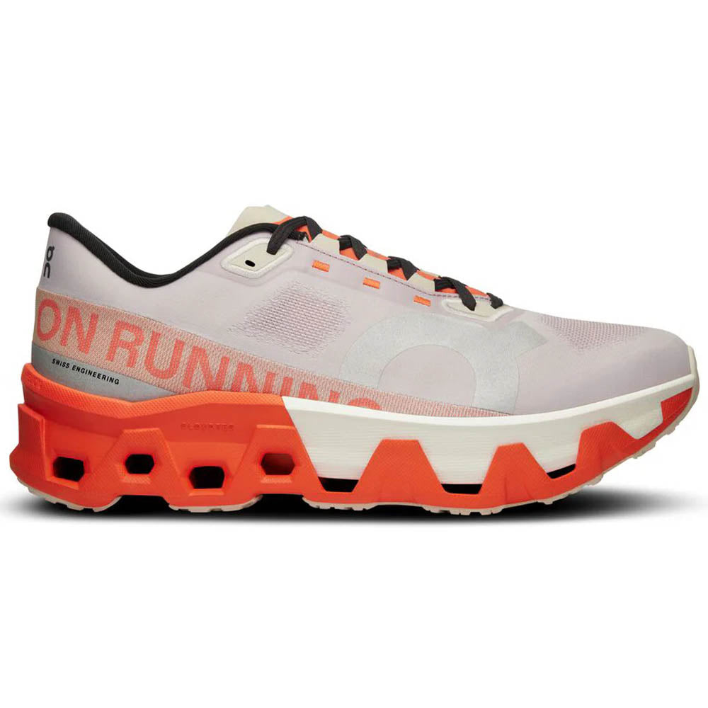 Side view on white background of Mens On Cloudmonster running shoe in Mauve/Flame, Medium (Regular) width
