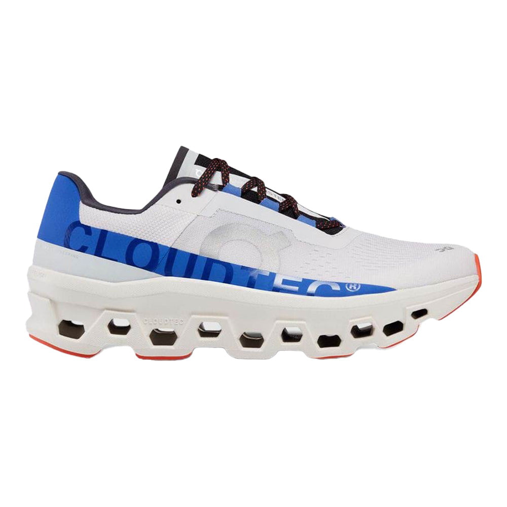 Side view on white background of Mens On Cloudmonster running shoe in Frost/Cobalt, Medium (Regular) width