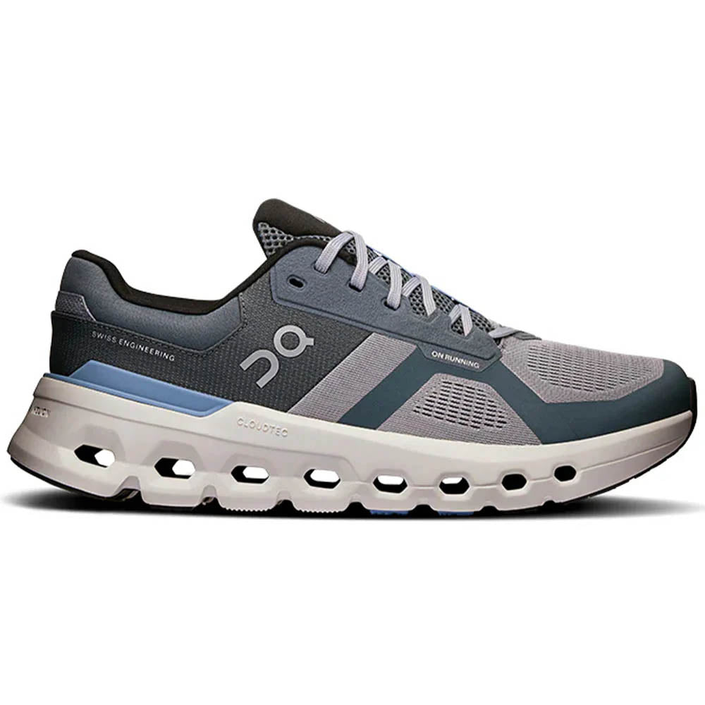 Side view on white background of Mens On Cloudrunner running shoe in Alloy/Chambray, Medium (Regular) width