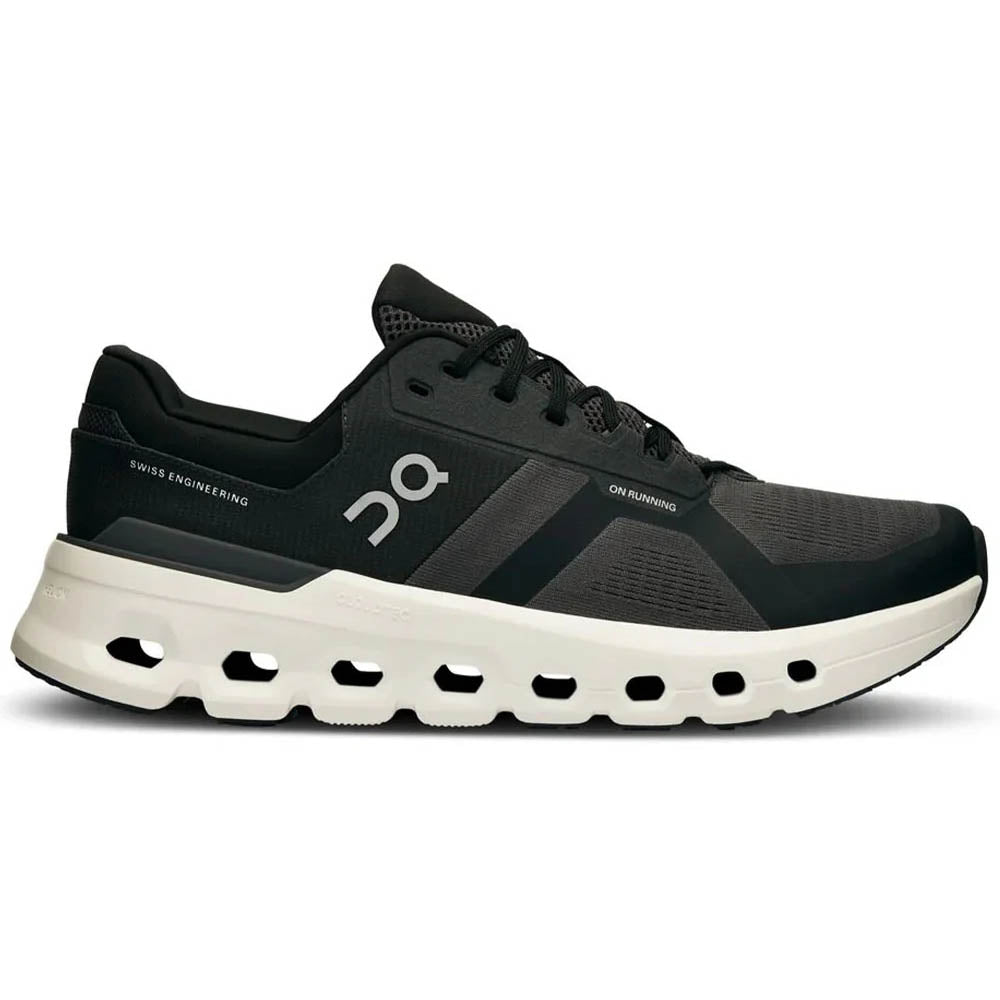 Side view on white background of Mens On Cloudrunner 2 running shoe in Eclipse/Black, Wide width