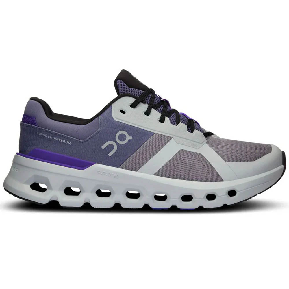 Side view on white background of Mens On Cloudrunner running shoe in Fossil/Indigo, Medium (Regular) width