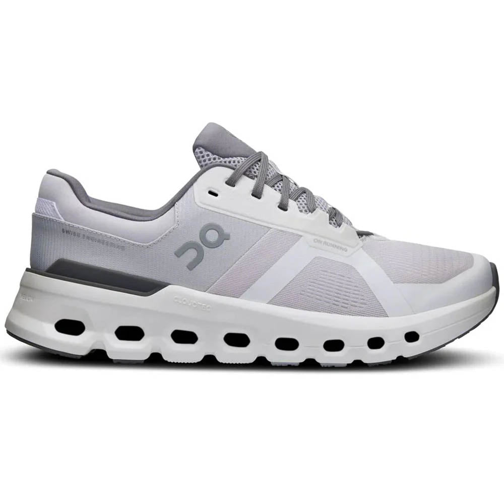 Side view on white background of Mens On Cloudrunner running shoe in Frost/White, Medium (Regular) width
