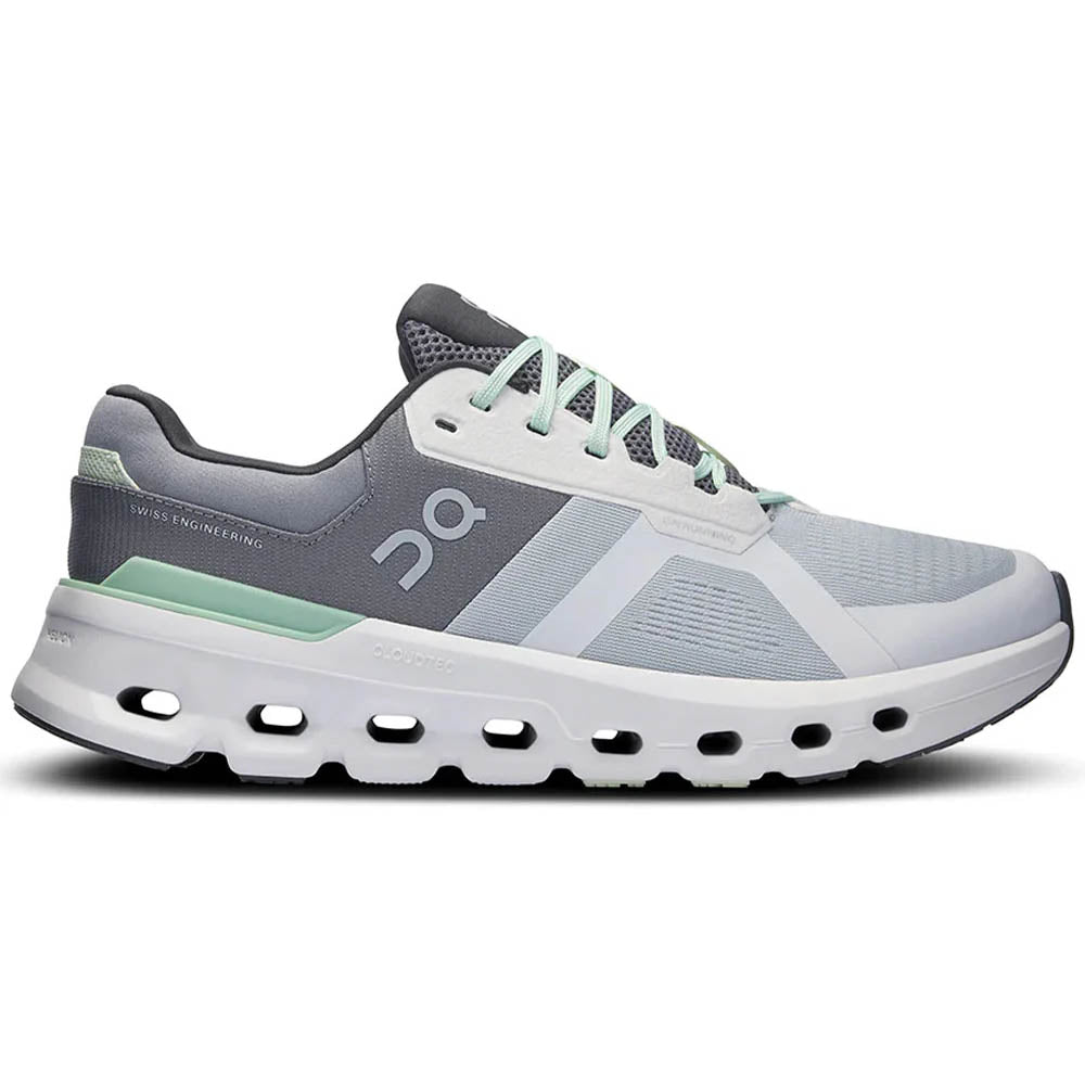 Side view on white background of Mens On Cloudrunner running shoe in Glacier/Sage, Medium (Regular) width