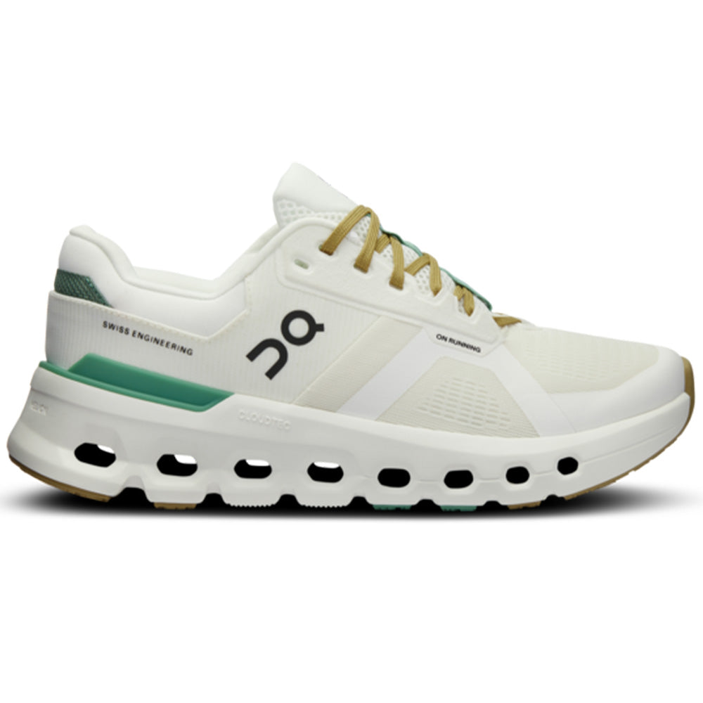 Side view on white background of Mens On Cloudrunner running shoe in White/Green, Medium (Regular) width