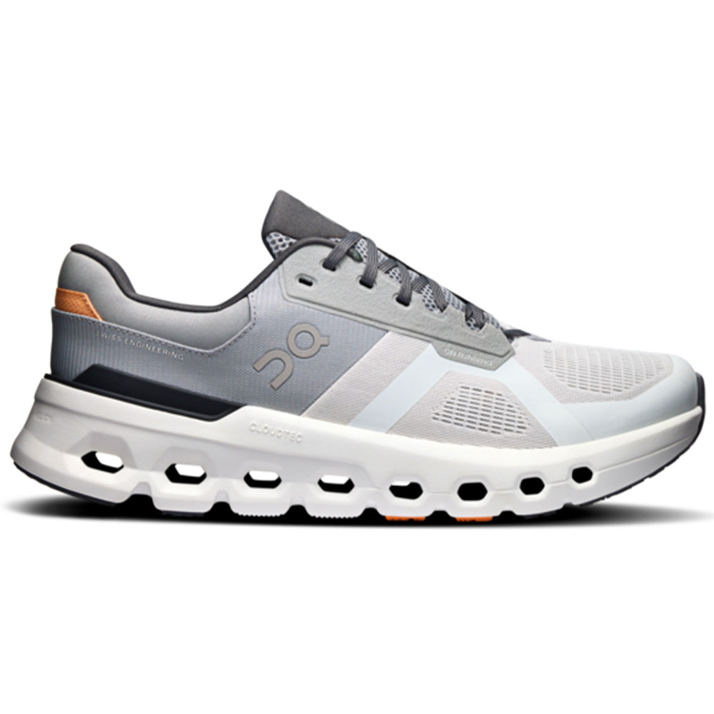 Side view on white background of Mens On Cloudrunner running shoe in Wolf/Ivory, Medium (Regular) width
