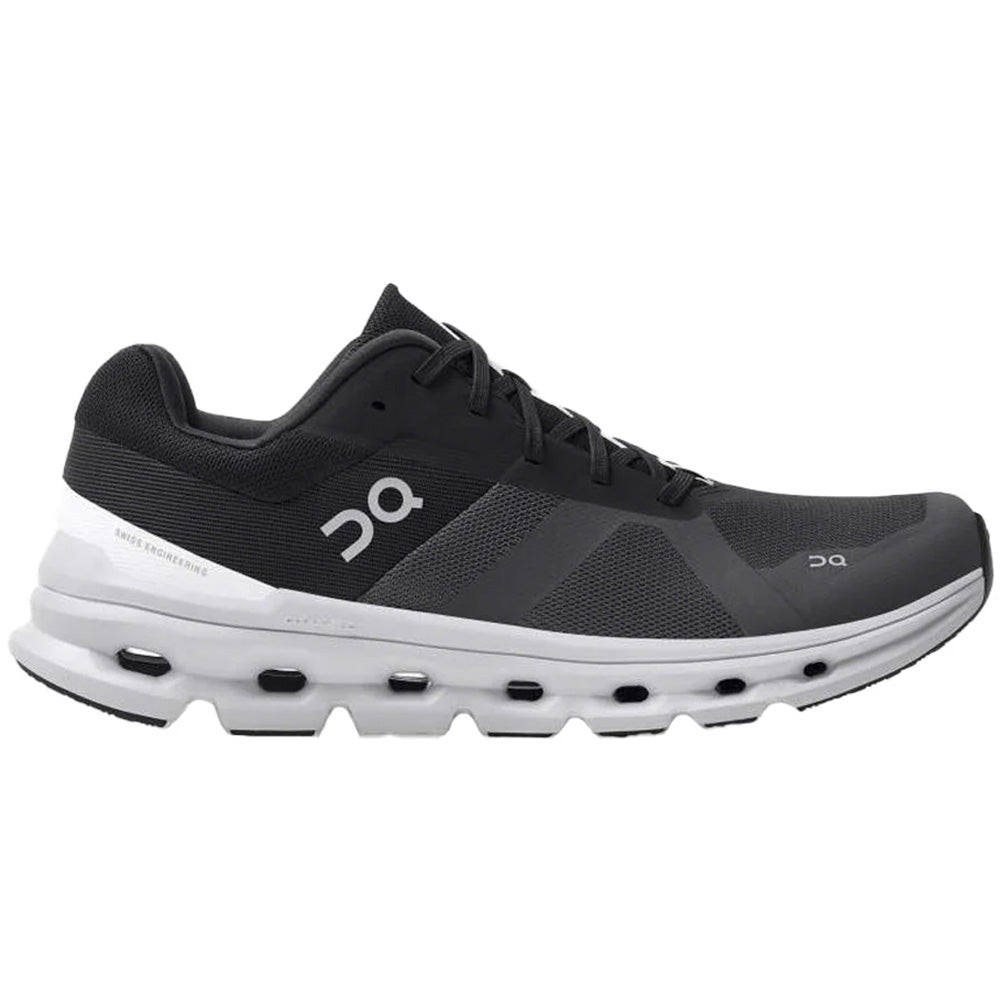 Side view on white background of Mens On Cloudrunner running shoe in Eclipse/Frost, Wide width