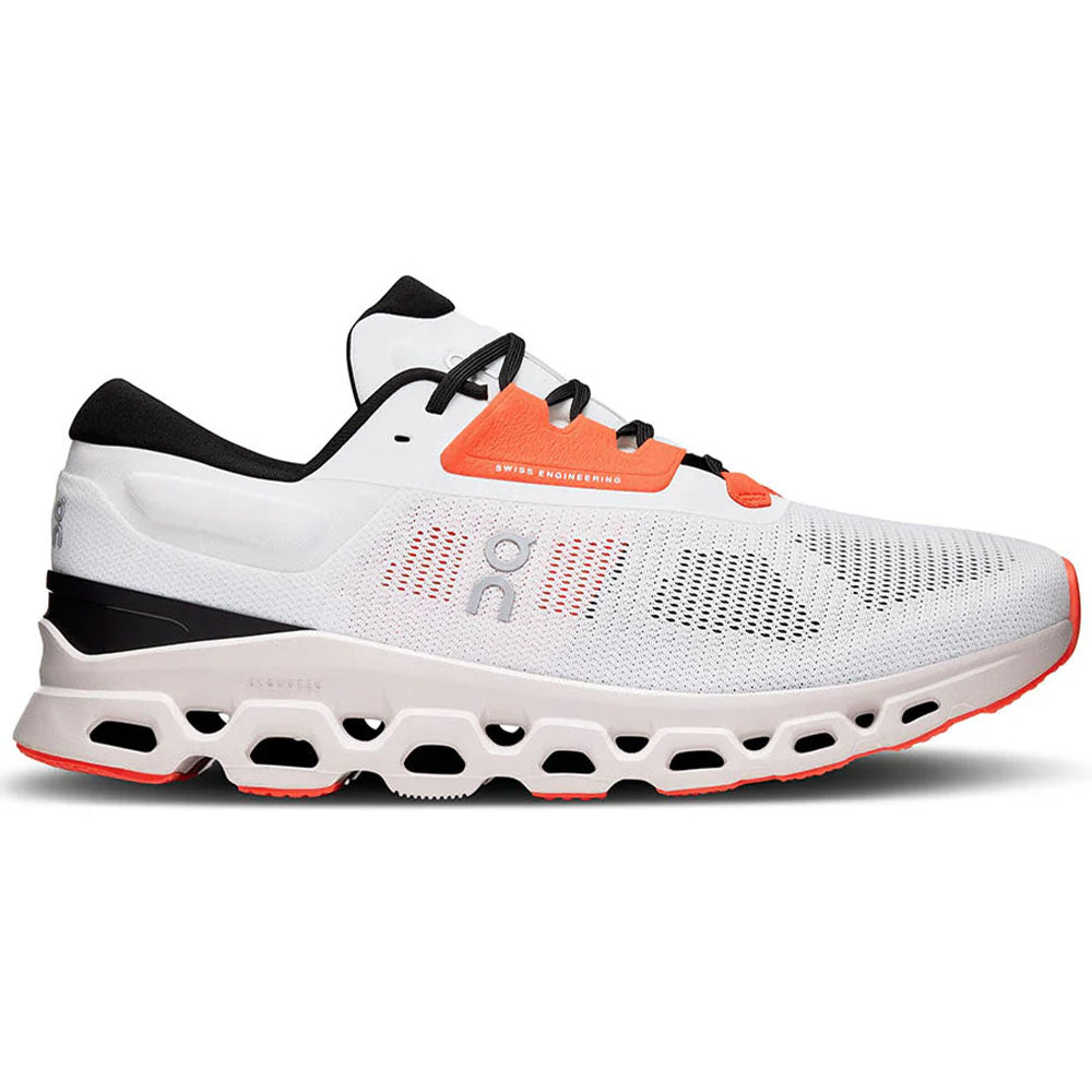 Side view on white background of Mens On Cloudstratus running shoe in White/Sand, Medium (Regular) width