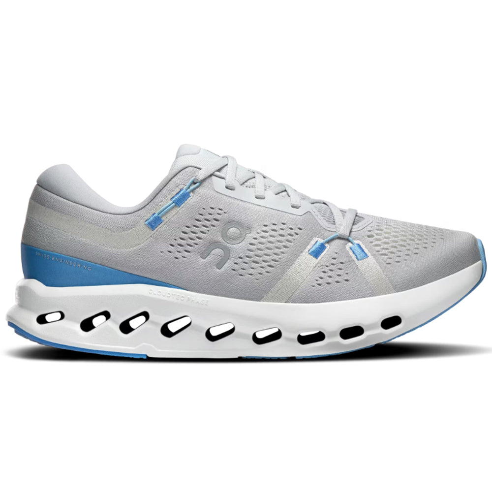 Side view on white background of Mens On Cloudsurfer running shoe in Glacier/Gourami, Medium (Regular) width