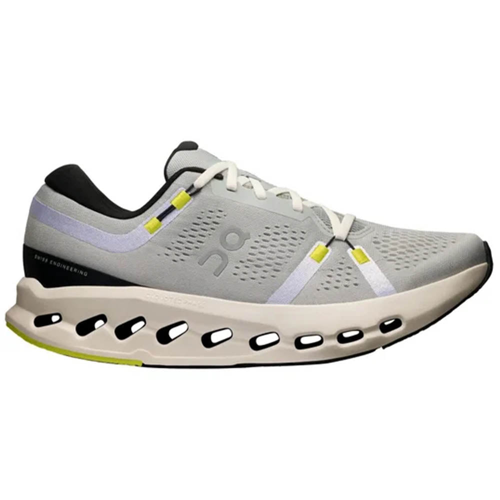 Side view on white background of Mens On Cloudsurfer running shoe in Glacier/Ivory, Medium (Regular) width