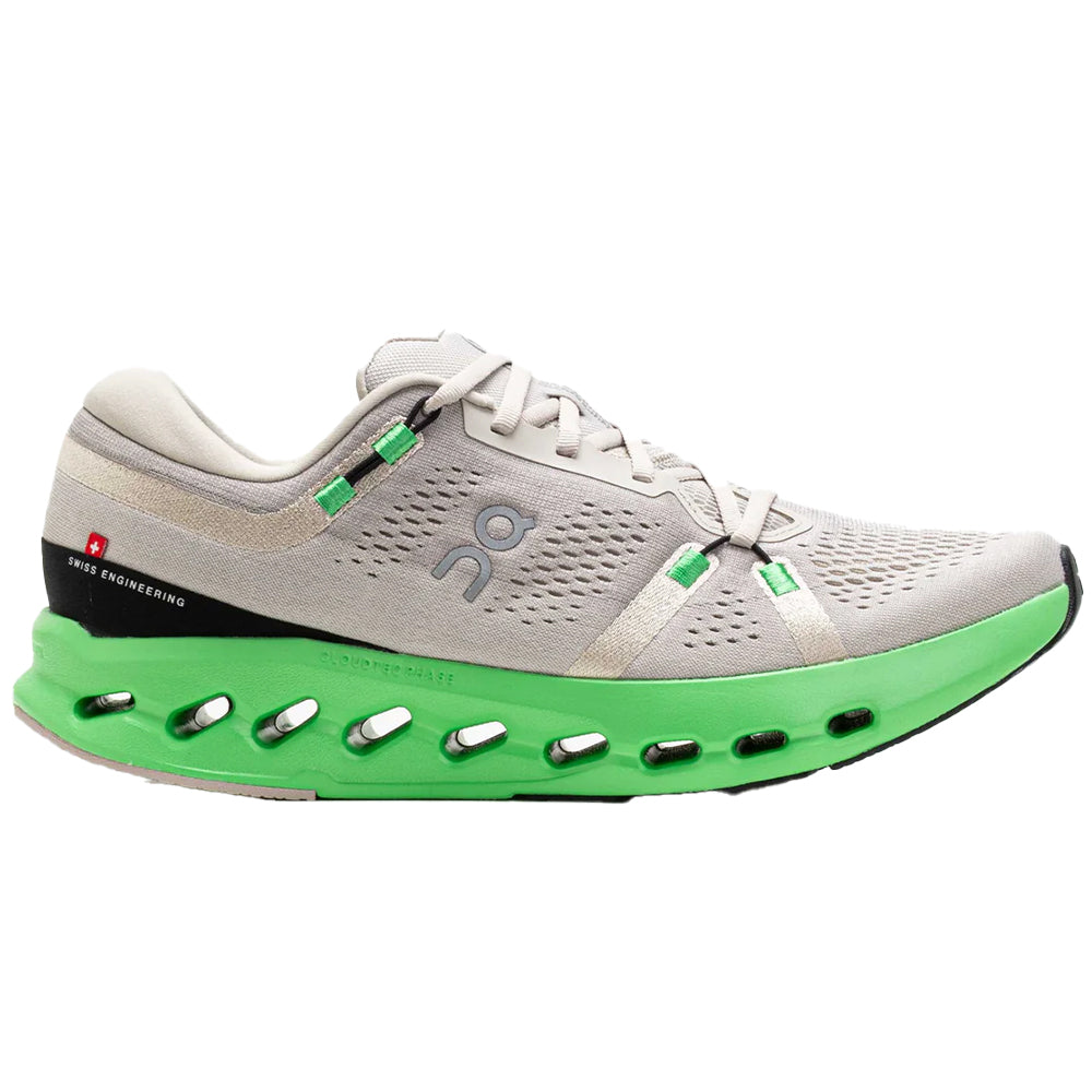 Side view on white background of Mens On Cloudsurfer running shoe in Truffle/Honeydew, Medium (Regular) width